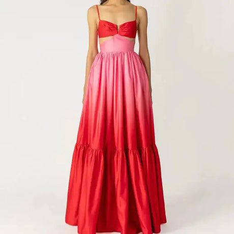2024 New Spaghetti Strap Gradient Print Long Dress Lady Sexy V-neck Hollow Backless Evening Dress Elegant Sleeveless Slim Dress - Lootquake
