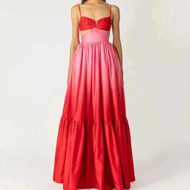 2024 New Spaghetti Strap Gradient Print Long Dress Lady Sexy V-neck Hollow Backless Evening Dress Elegant Sleeveless Slim Dress - Lootquake