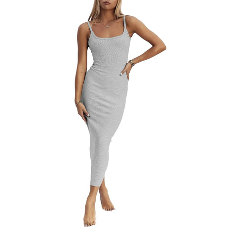 Women Summer Solid Color Long Dress Sleeveless U Neck Backless Slim Fit Bodycon Dress for Party Cocktail - Lootquake