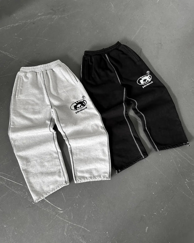 New Streetwear PROTECT Jogging Sweatpants Letter Pattern Embroidered Baggy Sweatpants Harajuku Gothic Tight Waist Loose Trousers - Lootquake