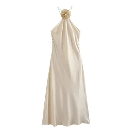 TRAF Flower Satin Long Dress Women Off Shoulder Halter Backless Dress Woman Summer Elegant Party Dresses Sexy Evening Dresses - Lootquake