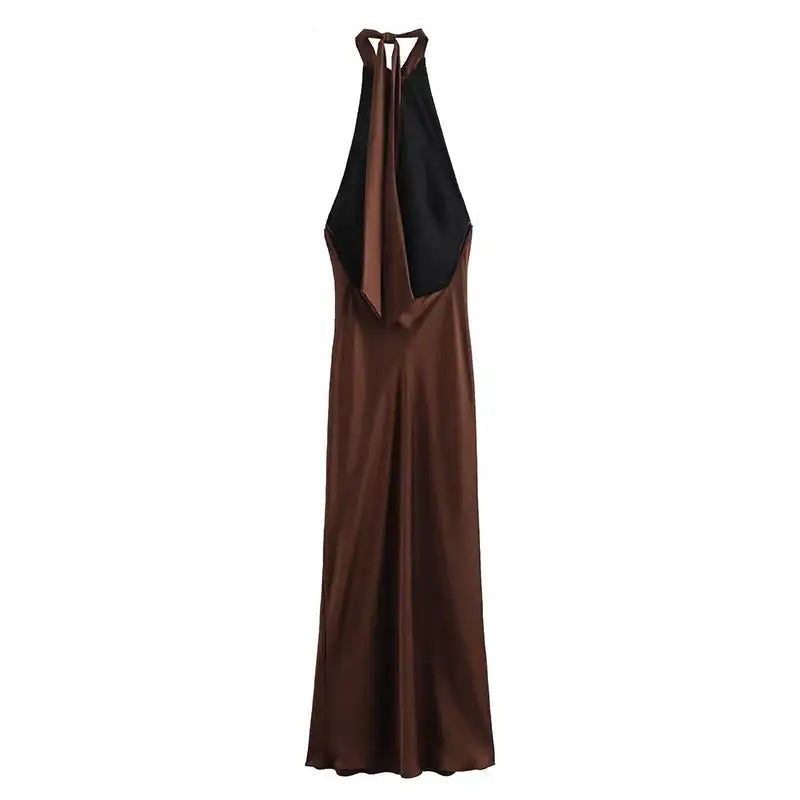 Off Shoulder Satin Halter Long Dress Woman Sexy Hanging Neck Female Pleated Dresses Summer Backless Midi Evening Party 2024 New - Lootquake
