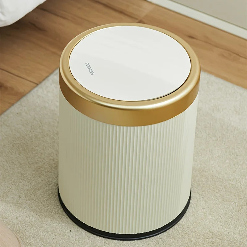 1 fashionable circular top garbage bin with gold edge - durable, stylish storage essential household garbage basket