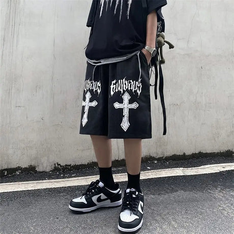 National tide dark cross print casual shorts men's loose hiphop American street hip-hop style five-point pants y2k shorts men - Lootquake