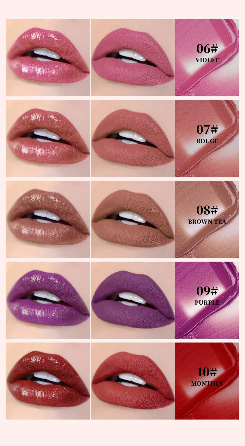 QIBEST 10 Colors Nude Matte Liquid Lipstick Waterproof Silky Lip Gloss Non-Stick Cup Lasting Purple Red Lip Tint Durable Makeup