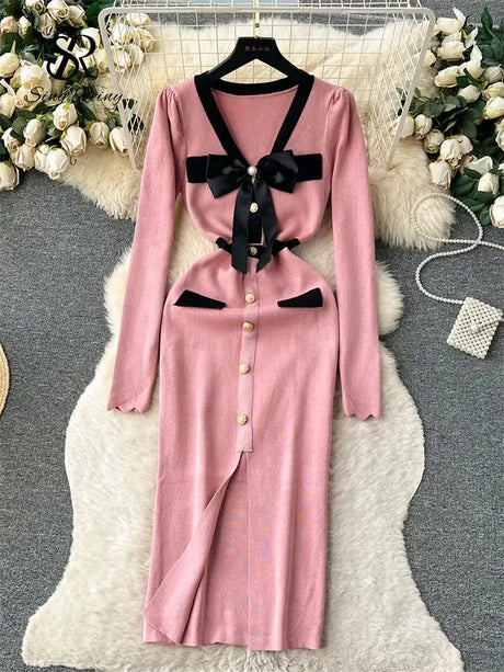 SINGREINY Office Lady Sweater Long Dress 2023 Bow Single Breasted Elastic Split Women Autumn Dress Fashion Senior Knitted Dress - Lootquake