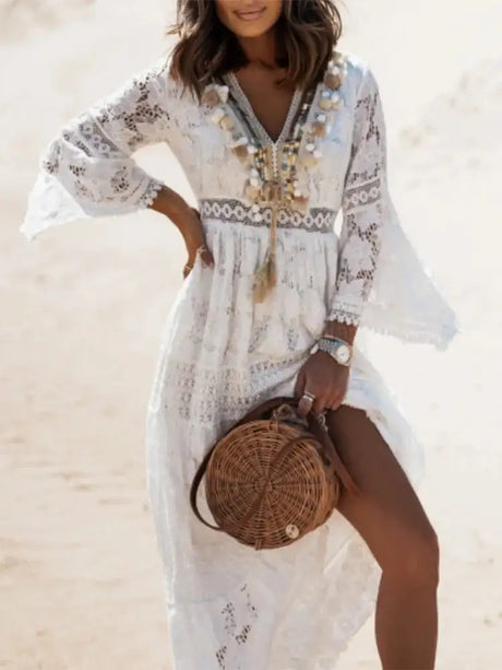 Boho Long Dress Women Summer Lace V Neck Flare Sleeve Sexy Maxi Dress Lady Holiday Party Beach Wedding Dresses Vestidos De Mujer - Lootquake