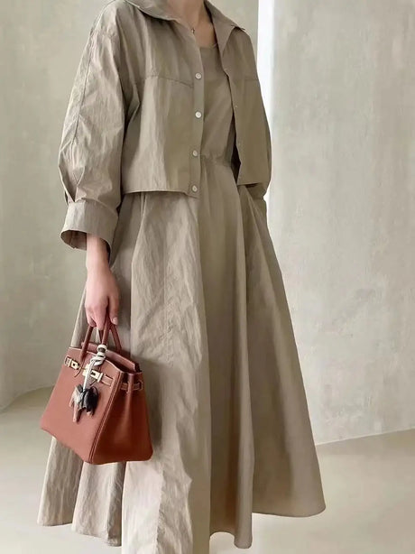 LANMREM 2 Pieces Sets For Women Suspender Long Dress With Sleeves Coat Female Casual Clothing 2024 Summer New 2DA6550 - Lootquake