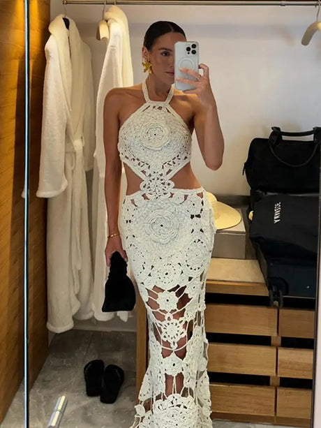 Fashion Hollow Out Halter Maxi Dress For Women 2024 Sexy Sleeveless Backless Long Dress Holiday Hook Flower Knitted Beach Robe - Lootquake