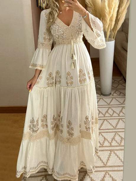 Women Fall Casual Long Dress Floral Print Lace V-Neck Long Sleeve Dress Fashion Holiday Maxi Dress Elegant Classics Versatility - Lootquake