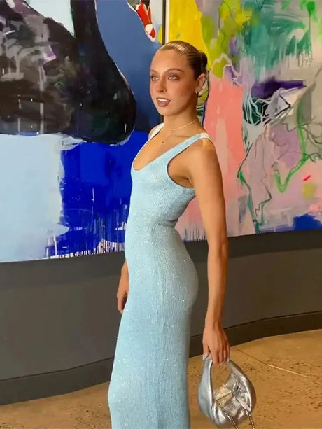 Tossy Sequin Slim Scoop Neck Maxi Dress Female Backless Glitter See-Through Sexy Patchwork Autumn Dress Women's Long Dress 2024 - Lootquake
