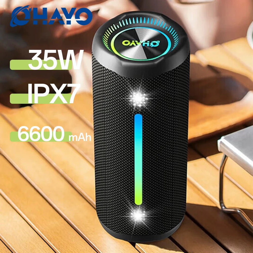 Altavoz Bluetooth portátil impermeable Ohayo de 35 W con potente sonido de 360 grados y graves potentes, TWS, IPX7 resistente al agua.