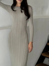 Autumn Winter Solid Color Bodycon Knit Dress Women Long Sleeve Crew Neck Ribbed Dress Slim Fit Long Dress - Lootquake