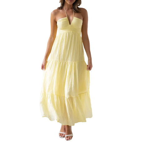 Women Low Cut Backless Maxi Dresses Elegant Spaghetti Strap Tiered Long Dress Relax Fit Open Back Cutout Flowy Sundress - Lootquake