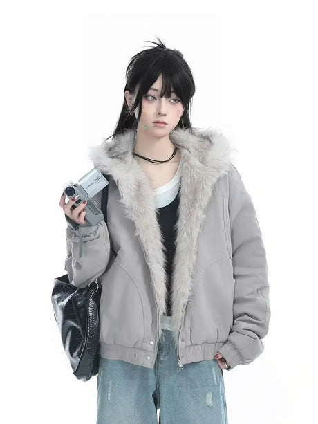 Winter New Plush Jacket American Retro Mao Collar Hooded Jackets Women Street Hip hop Gothic Harajuku Casual Cotton-Padded Coat - Lootquake