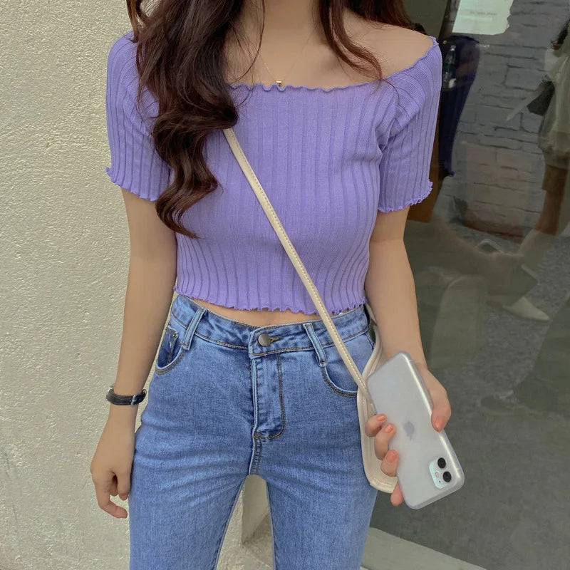 1pc Summer Korea Design Sexy Style Off Shoulder Shirt Fashion Solid Color Printing Lady's Causal Top - Lootquake