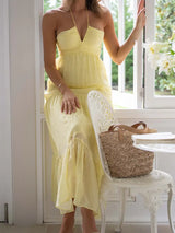 Women Low Cut Backless Maxi Dresses Elegant Spaghetti Strap Tiered Long Dress Relax Fit Open Back Cutout Flowy Sundress - Lootquake