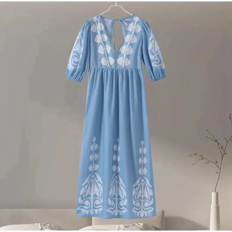 Elegant Print Half Puff Sleeve Dresses Women Loose V-neck Lace Up Backless Long Dress 2024 Summer New Ladies Chic Beach Robes - Lootquake