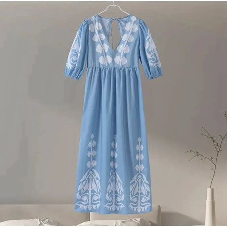 Elegant Print Half Puff Sleeve Dresses Women Loose V-neck Lace Up Backless Long Dress 2024 Summer New Ladies Chic Beach Robes - Lootquake