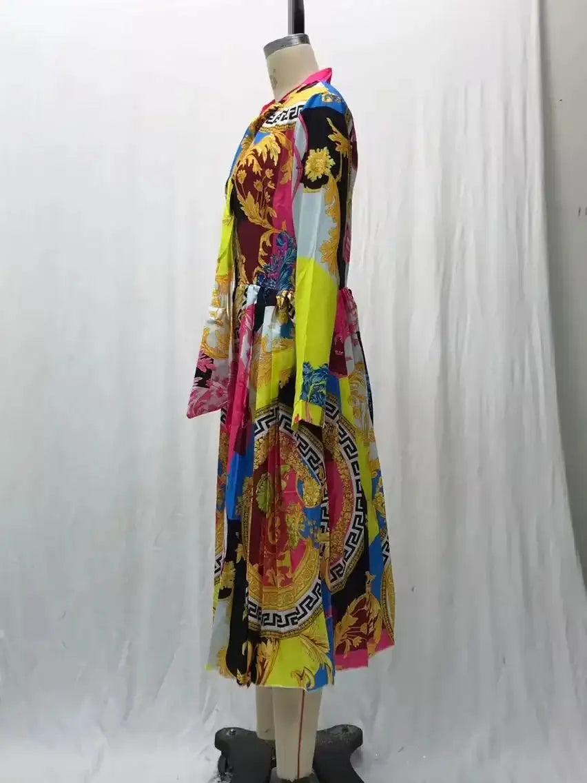 2024 Spring Summer New Cross-border Wishdress Women's Clothing Artistic Printing Plenty Folds Seven-half Sleeves Long Dress - Lootquake