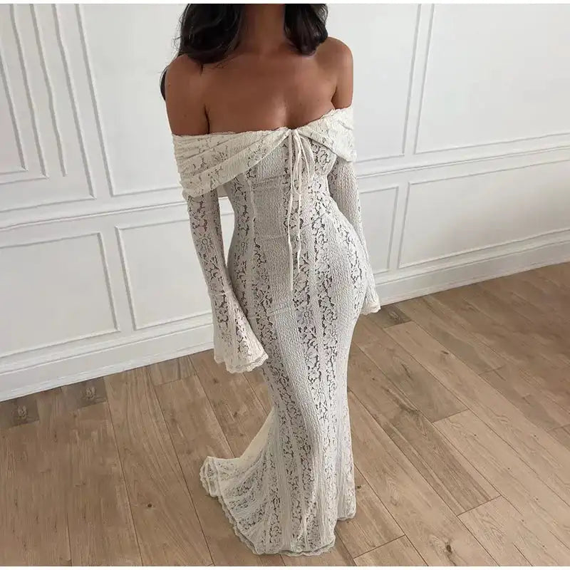 Lace Hollow Out One-shoulder Slim Long Dress For Women Solid Lace Up Waistless Dresses 2024 Chic Sexy Female Party Date Robes - Lootquake