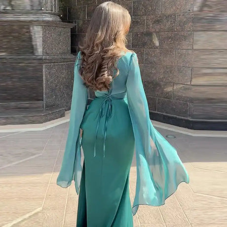 Fashion Satin Solid Robe Dress Ladies Temperament O-neck Slim Evening Dress Elegant Batwing Sleeves High Waist Pleats Long Dress - Lootquake