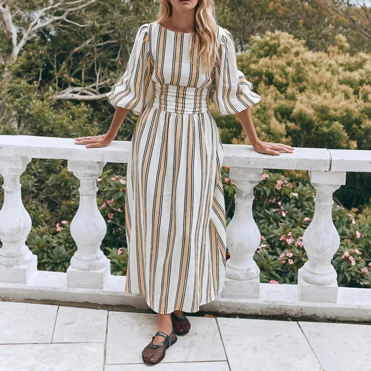 Hirigin Womens Summer Puff Sleeve Long Dress Boho Backless Tie Waist Maxi Dress Bohemian Midi Dress Gauze High Waist Dresses - Lootquake