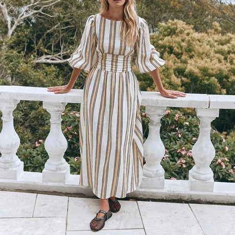 Hirigin Womens Summer Puff Sleeve Long Dress Boho Backless Tie Waist Maxi Dress Bohemian Midi Dress Gauze High Waist Dresses - Lootquake