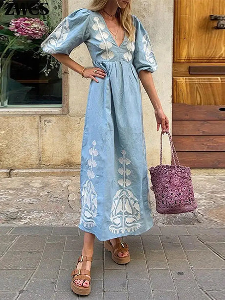 Elegant Print Half Puff Sleeve Dresses Women Loose V-neck Lace Up Backless Long Dress 2024 Summer New Ladies Chic Beach Robes - Lootquake