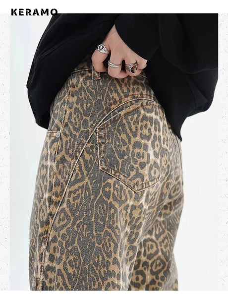 Vintage Leopard Print Jeans Women Spring Oversize Casual Hip Pop Wide Leg Trouser Trend High Waist Panther Denim Pants Ladies - Lootquake