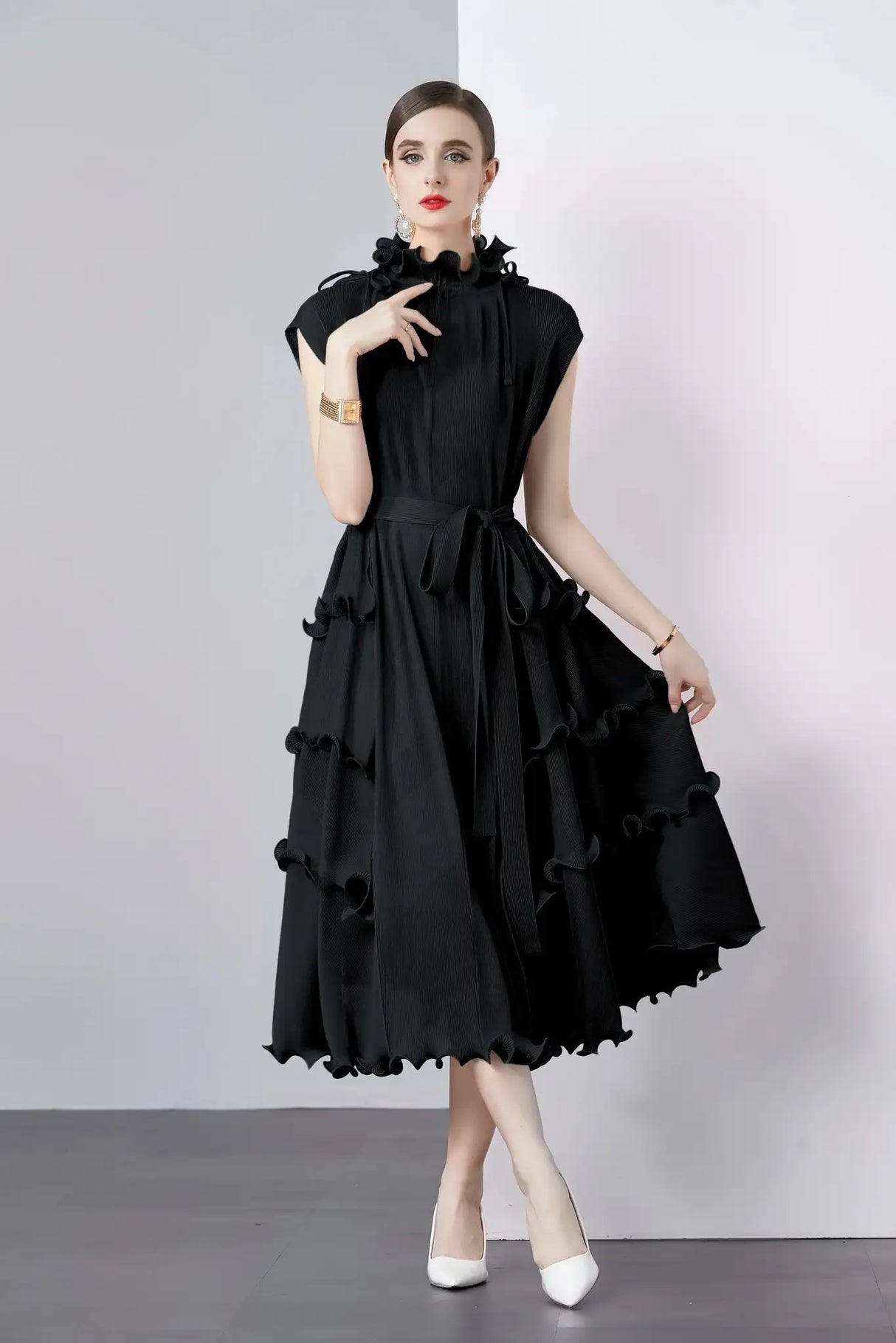 Miyake Pleated Shoulder Bag Heavy Industry Wood Ear Edge Pleated Lace-up Belt Long Dress Stand Collar Plus Size Women's Clothing