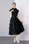 Miyake Pleated Shoulder Bag Heavy Industry Wood Ear Edge Pleated Lace-up Belt Long Dress Stand Collar Plus Size Women's Clothing