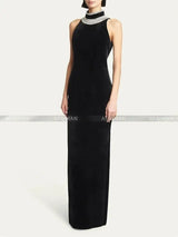 Women Heavy Rhinestone Bead Sexy Backless High Neck Waist Bag Hip Slimming Velvet Long Dress - Lootquake