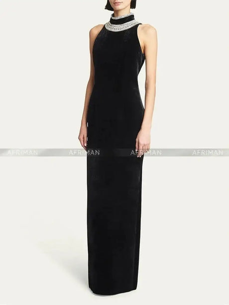 Women Heavy Rhinestone Bead Sexy Backless High Neck Waist Bag Hip Slimming Velvet Long Dress - Lootquake