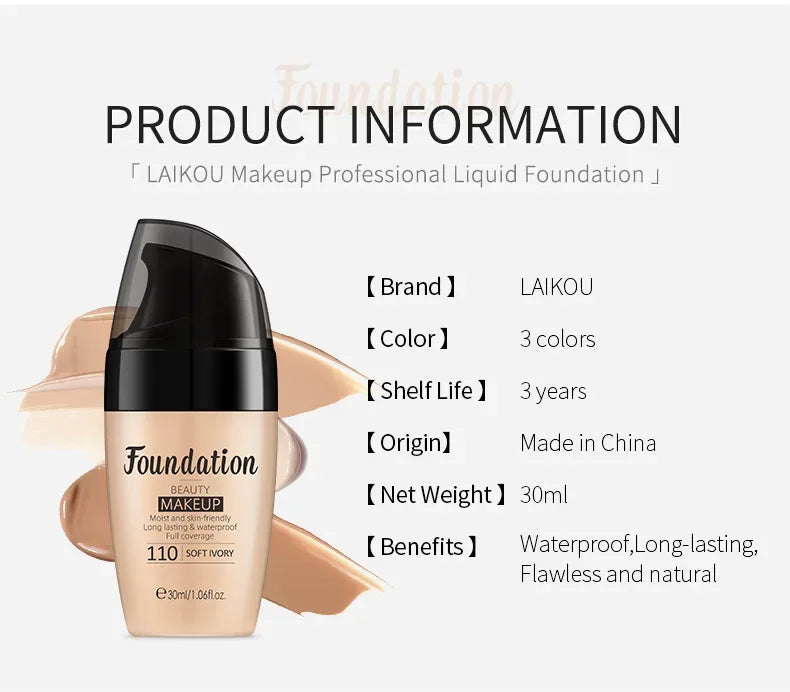 LAIKOU Base de maquillaje líquida hidratante de larga duración, cosmética facial, iluminadora natural, tono base, maquillaje, 30 ml