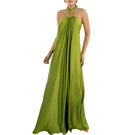 Women Dresses Solid Color Off Shoulder Backless Long Dress Neck Straps A-Line Beach Large Hem Dress Feminine Clothing - Lootquake