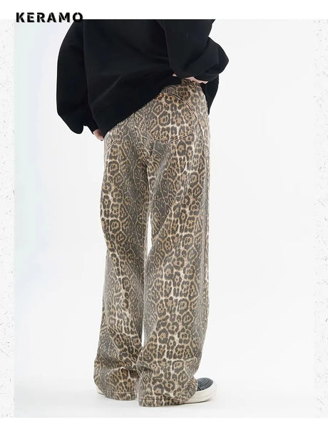 Vintage Leopard Print Jeans Women Spring Oversize Casual Hip Pop Wide Leg Trouser Trend High Waist Panther Denim Pants Ladies - Lootquake