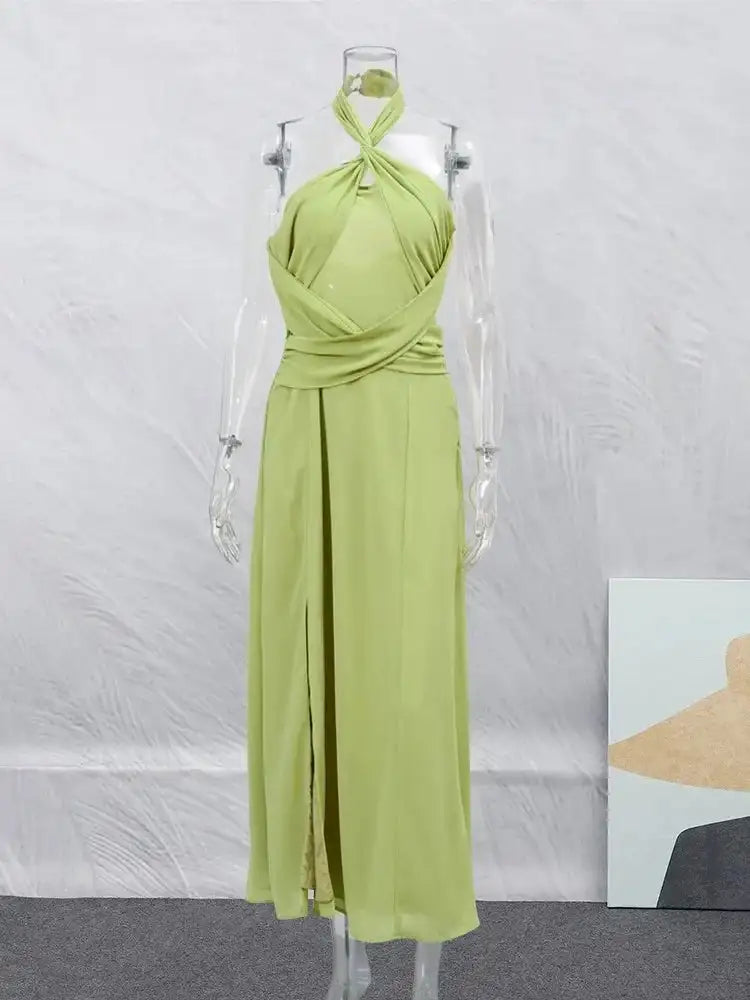 Hanging Neck Strap Split Long Dress Women Wrap Chest Backless High Waisted Slim Fit Robes Summer Chic Female Streetwear Vestido - Lootquake