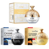 Crema facial antiarrugas con colágeno, perla, reafirmante, caviar, ADN, colágeno sódico, hidratante, suavizante y aclarante. Producto para el cuidado de la piel.