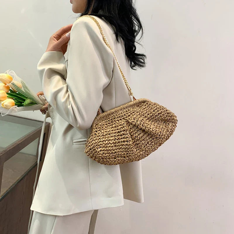 Bohemian Straw Dumpling Clutch Bag | Woven Straw Tote Purse for Women (Summer Beach Bag, Wicker Clutch)