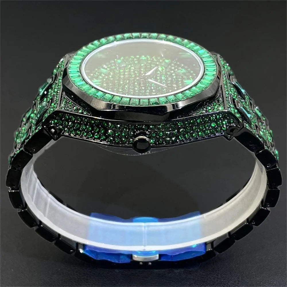 2024 New MISSFOX Hip Hop Green Iced Watches Mens Luxury Stainless Steel AAA Clocks Man Fashion Square Diamond Jewelry Wristwatch - Lootquake