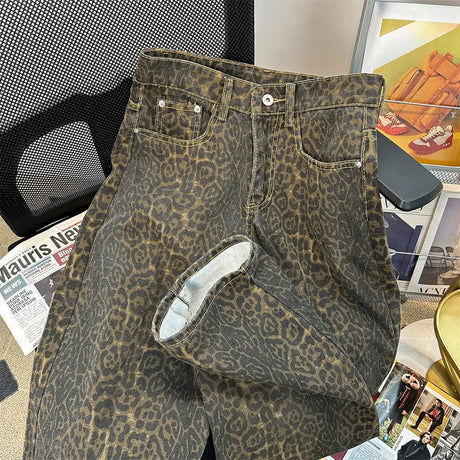 Retro Spring Trendy Leopard Print Jeans Women's American High Street Trousers Y2K Harajuku Style Baggy High Waist Casual Pants - Lootquake