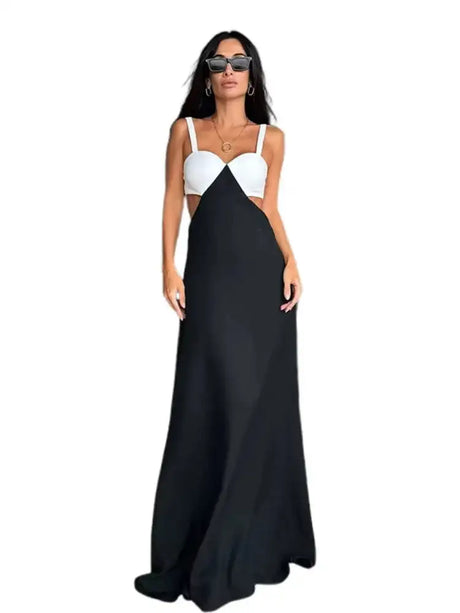 Fashion Black White Patchwork Long Dress Women Sexy Hollow Waist Slim Fits Party Robes Causal Vocation High Street Vestidos - Lootquake