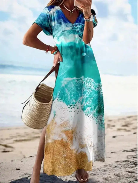 2024 Vintage Floral Elegant Maxi Dress For Women Summer Fashion V Neck Short Sleeve Split Boho Long Dress Party Beach Dresses - Lootquake
