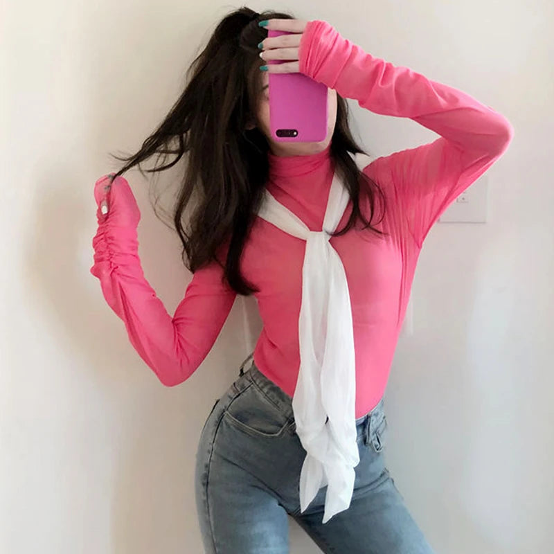 Camisa neón para mujer, de manga larga, con cuello alto, transparente, de malla amarilla dorada, sexy, para fiesta, club, ropa de calle, camisetas de hip hop