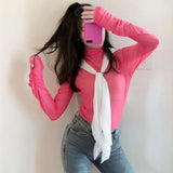 Camisa neón para mujer, de manga larga, con cuello alto, transparente, de malla amarilla dorada, sexy, para fiesta, club, ropa de calle, camisetas de hip hop
