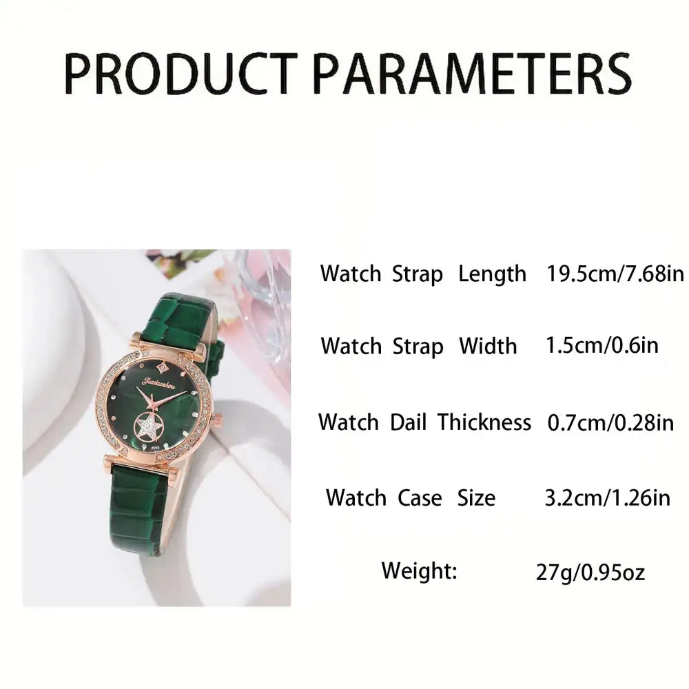 6PCS Set Green Luxury Quartz Watch Women Ring Necklace Earring Rhinestone Fashion Wristwatch Casual Ladies Bracelet Watches 6PCS - Lootquake