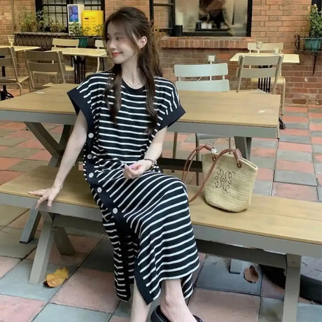 2024 New Casual Korean Striped O-neck Short Sleeve Long Dress Ladies Simplicity Patchwork Loose Tshirt Dress Women Clothing - Lootquake