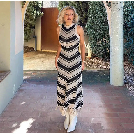 Striped Knitted Long Dress Women O-neck Backless Hollowed Out Long Sleeves Lady Bodycon Dress 2024 Spring Summer Vacation Robe - Lootquake