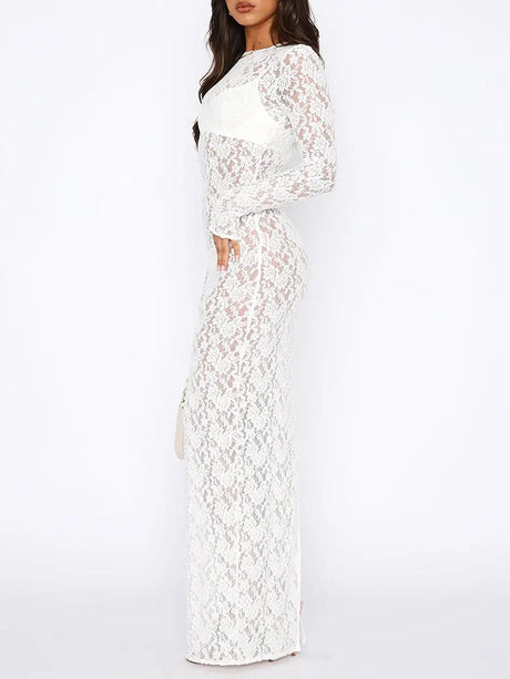 Women s Lace Long Dress Vintage Long Sleeve Round Neck Solid Color Bodycon Dress Party Gown - Lootquake